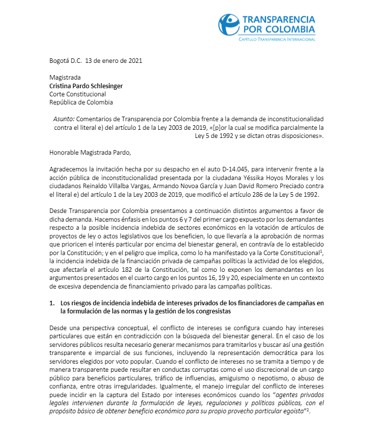 Comentarios frente a la demanda de inconstitucionalidad respecto a la posible incidencia indebida de sectores económicos en la votación de artículos de proyectos